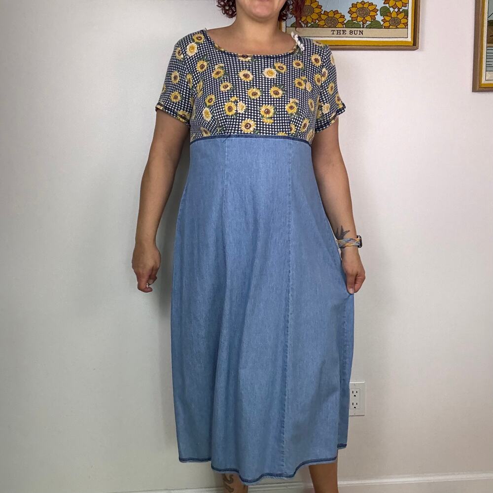 Vintage 90s Chorus Line sunflower denim midi dress size Large